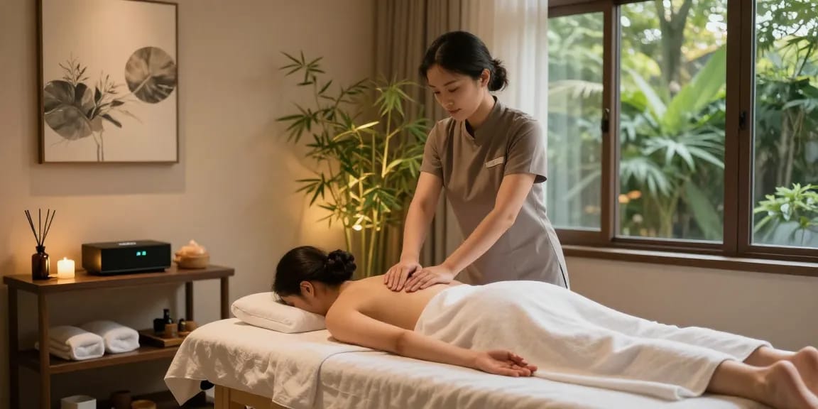 스웨디시 마사지 중인 고객과 편안한 분위기의 마사지 치료실