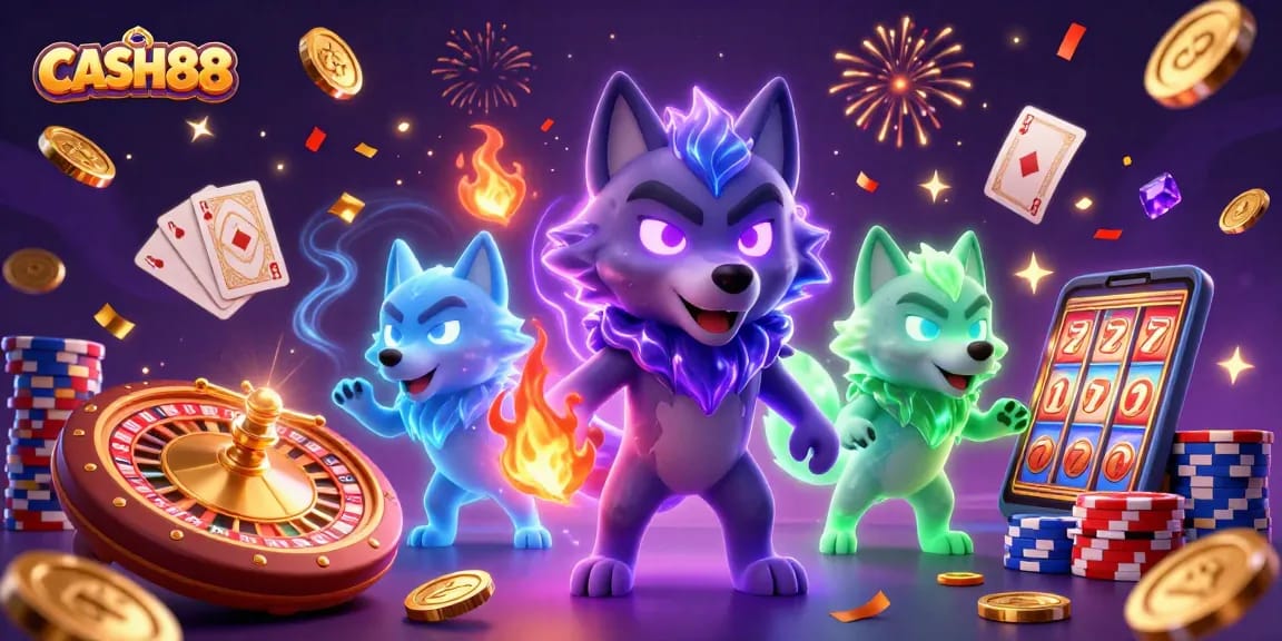 CASH88 showcases an exciting online casino atmosphere with a shadow wolf leader and 3D game elements.