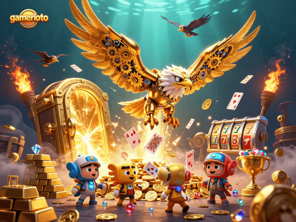 Experience gamerloto's vibrant casino world with a golden eagle and shimmering treasures.