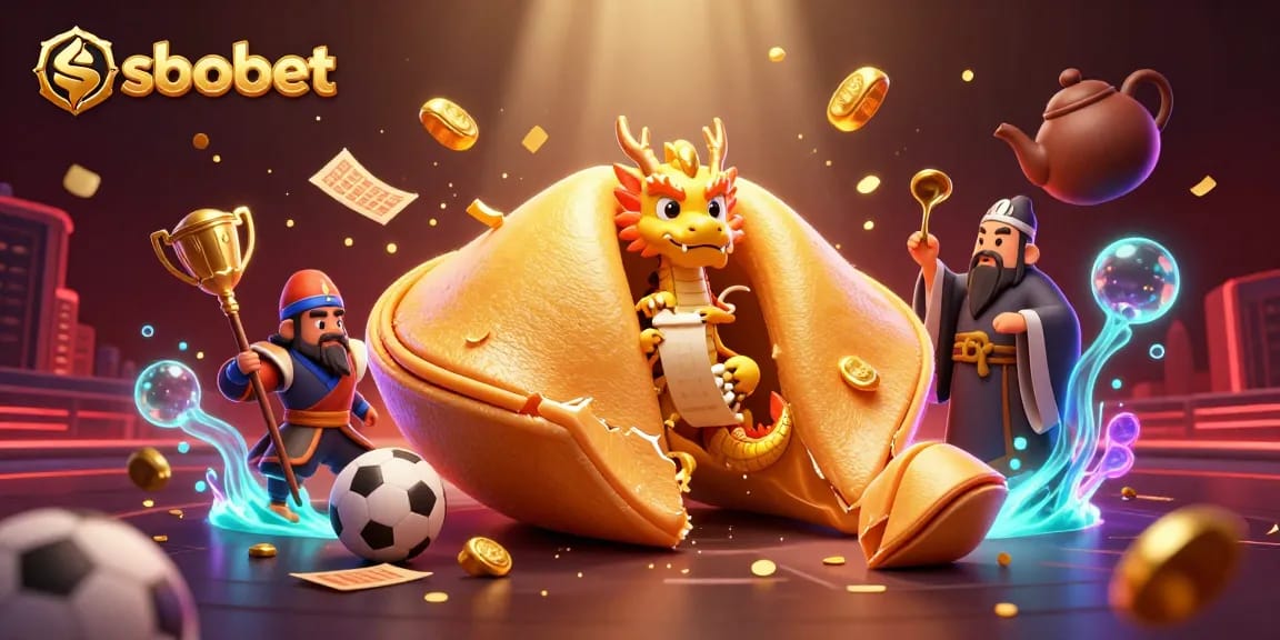 Bet on sbobet's exciting sports betting with dragon guardians and fortune cookies in this vibrant illustration.