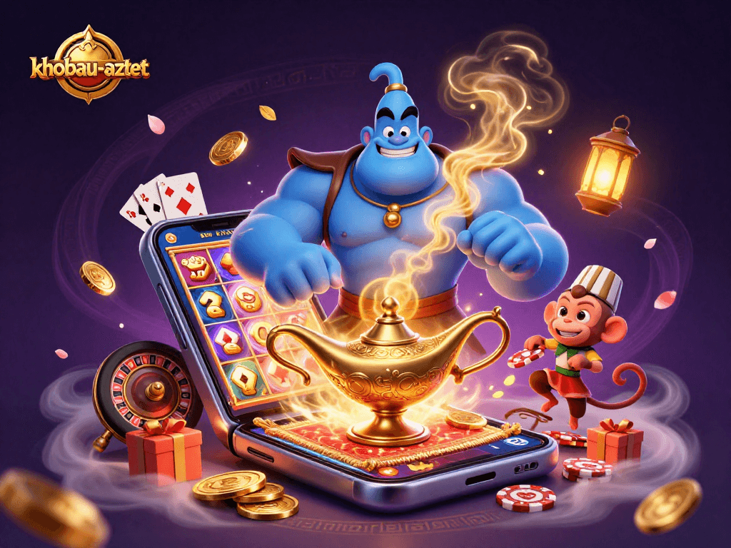 Engage in the exciting world of khobau-aztec with a vibrant 3D illustration showcasing a genie, poker chips, and slot game elements.