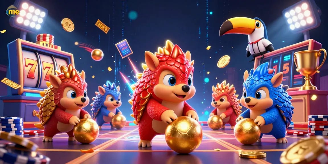 me99 pangolins compete in an exciting casino battle with slots and poker chips