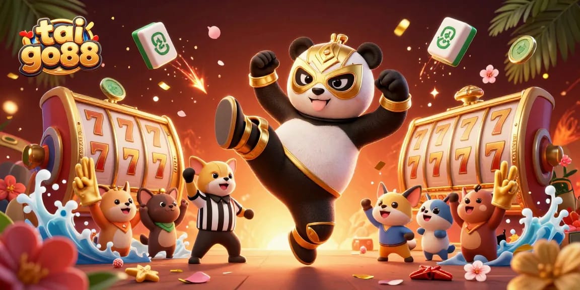 Tai go88 showcases a vibrant scene with a panda wrestler flying in action amidst gambling elements.