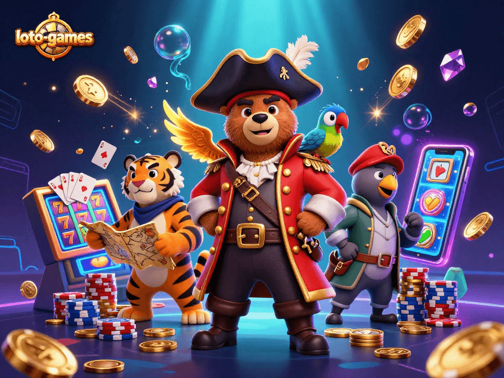 Experience thrilling moments with loto-games as pirate characters chase vast treasure in a vibrant casino.