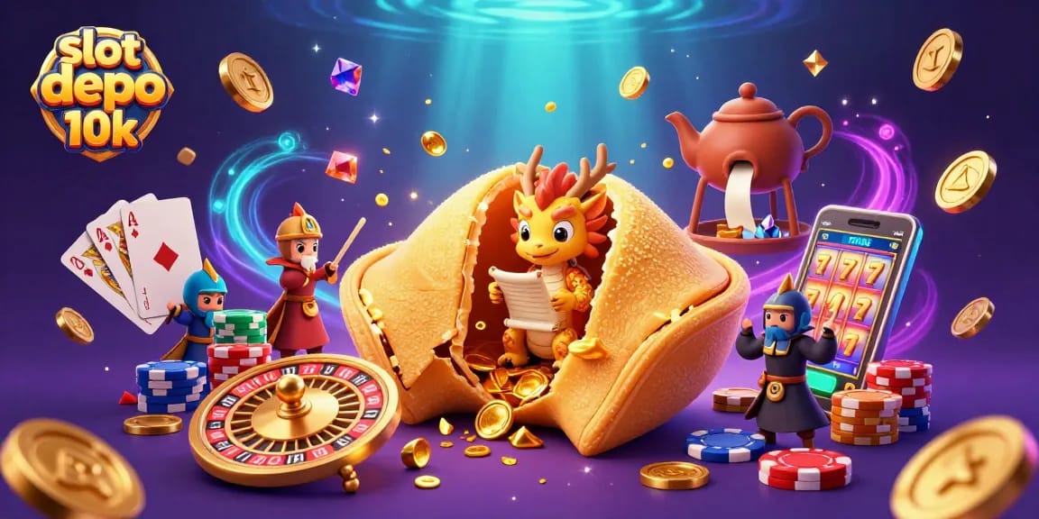 Win big with slot depo 10k, featuring golden dragon and casino elements in a vibrant 3D illustration.