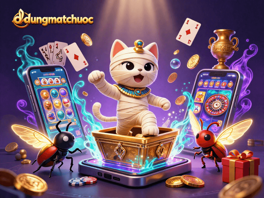 Play slots with duongmatchuoc as the Egyptian mummy cat bursts from a golden sarcophagus.