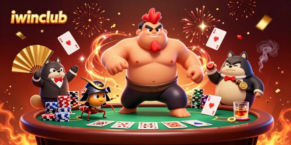 iwinclub showcases energetic poker action with a powerful sumo wrestler rooster and dynamic characters.