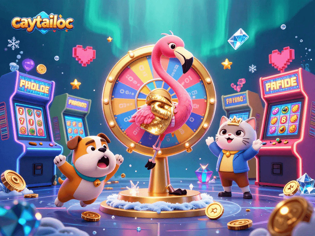 Spin the prize wheel for the caytailoc jackpot with colorful slot reels and glowing arcade machines.