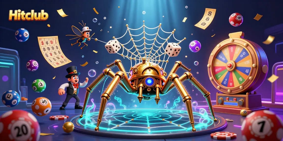 Engage in the enchanting world of Hitclub as a steampunk spider weaves golden chains amidst vibrant lottery elements.