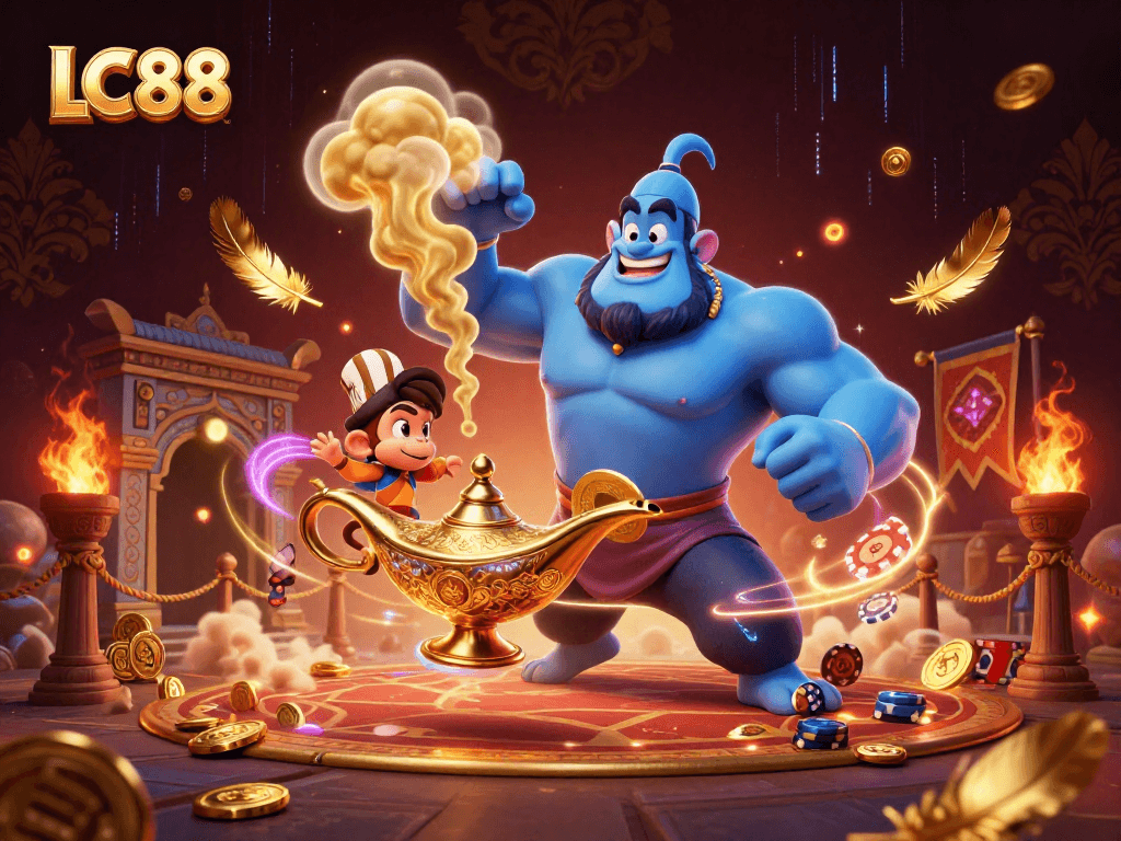 Win big with LC88, featuring a genie, monkey, and poker chips in a vivid casino illustration.