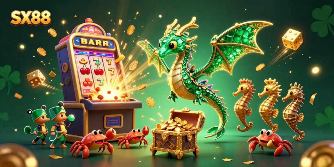 SX88 engages players with a 3D sea dragon and vibrant casino elements in an exciting jackpot scene