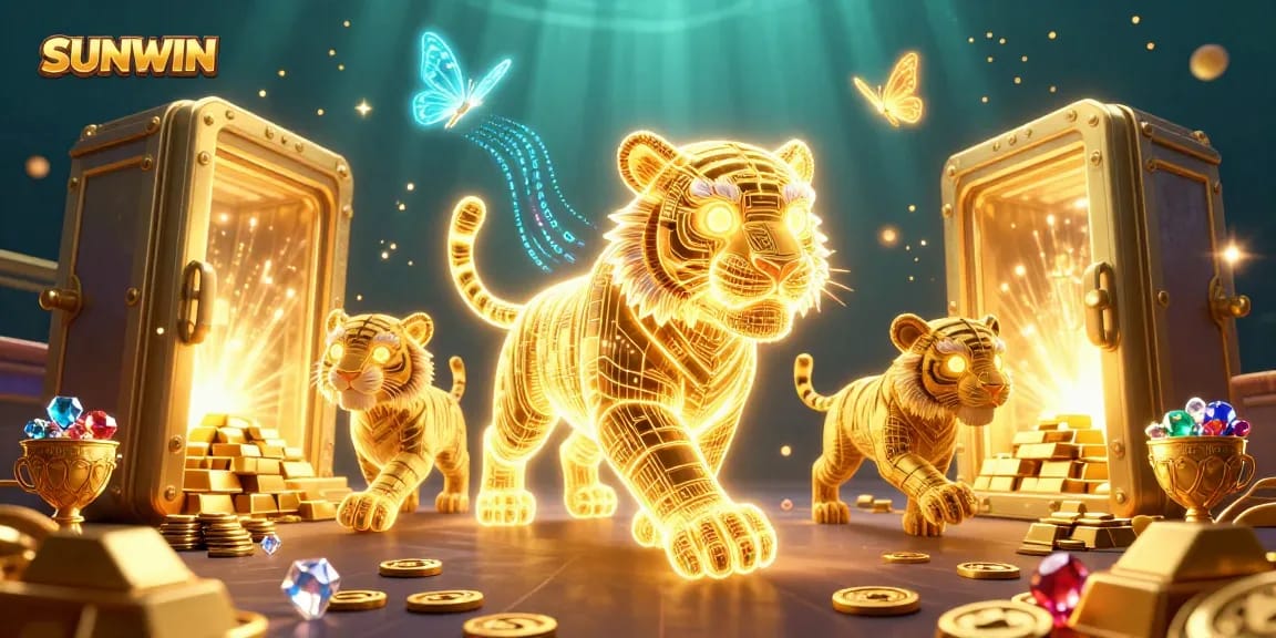 SUNWIN offers thrilling gaming adventure with vibrant golden tiger in high-stakes casino atmosphere.
