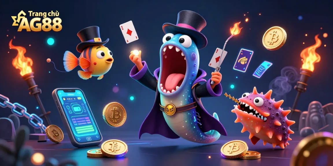 Experience the thrill at Trang chủ AG88 with a vibrant 3D scene of unique creatures performing card tricks in a magical underwater casino.