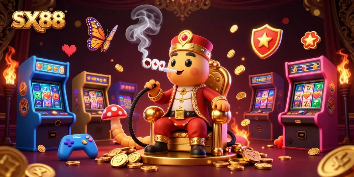 SX88 vibrant 3D illustration with a caterpillar master creating poker smoke rings in a colorful arcade setting.