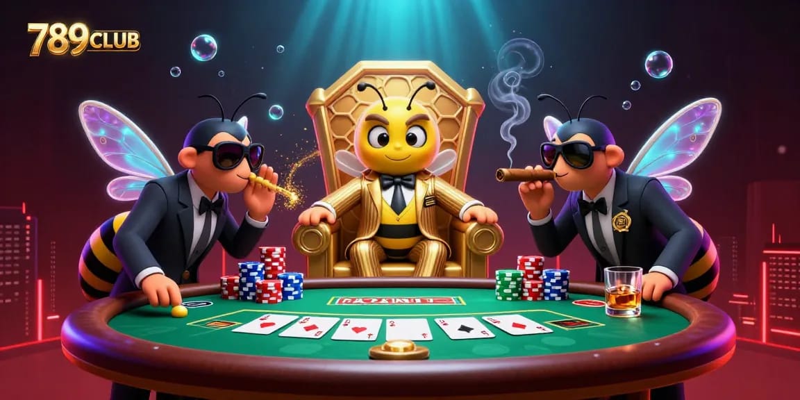 Engage with the 789CLUB casino scene featuring a cartoon bumblebee mob boss and thrilling poker action.