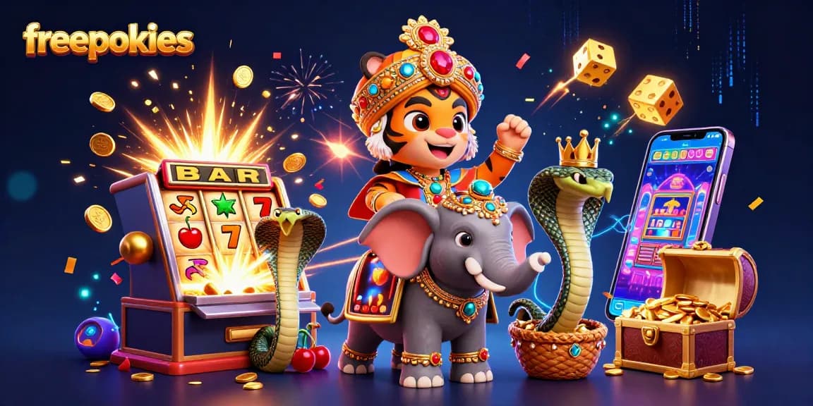 Experience freepokies excitement in a vibrant, dynamic 3D casino illustration.