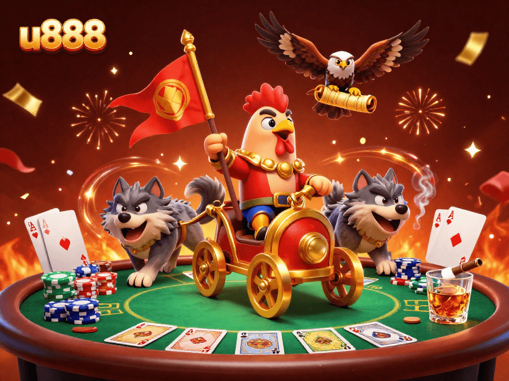Win big at U888 with a dynamic scene of a rooster warlord overseeing a thrilling poker game.