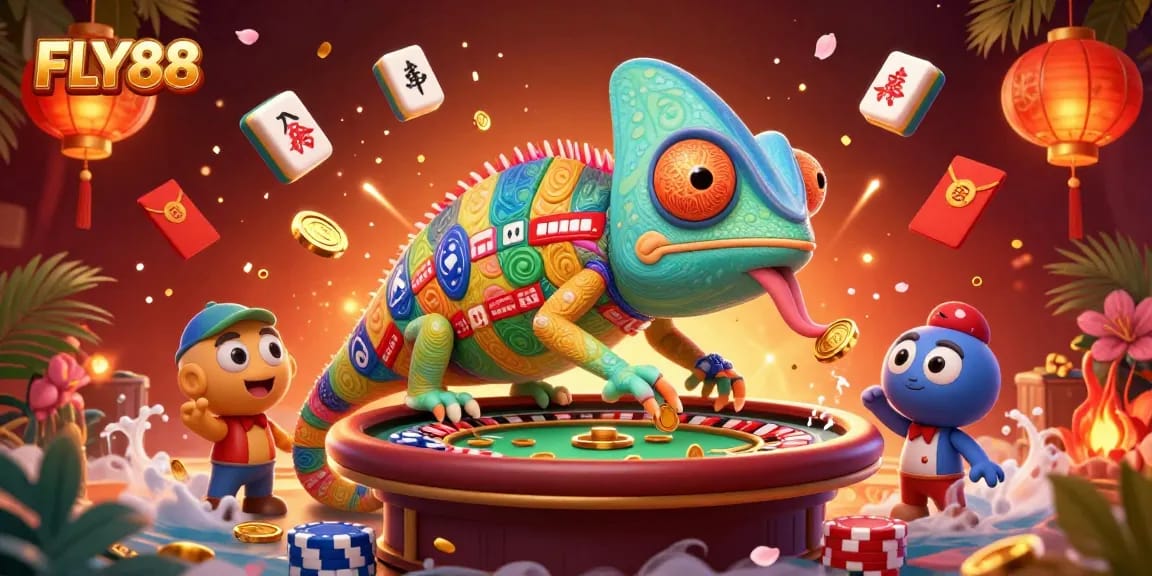 Engage with FLY88's vibrant online casino world featuring an animated chameleon and festive gaming elements.