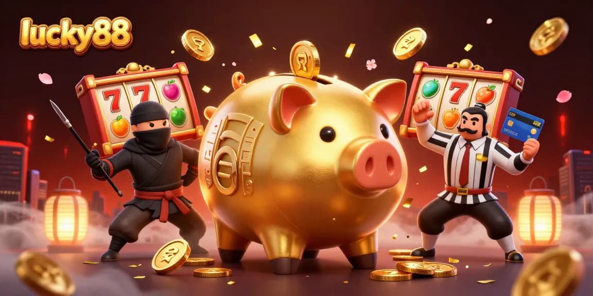 Engage with lucky88 as a golden piggy bank warrior leads a dynamic slot game adventure.