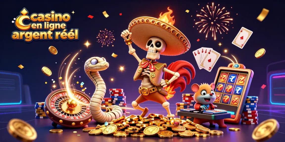Gagnez avec le casino en ligne argent réel en profitant d'une scène festive avec une danse de personnages et des éléments de jeu.