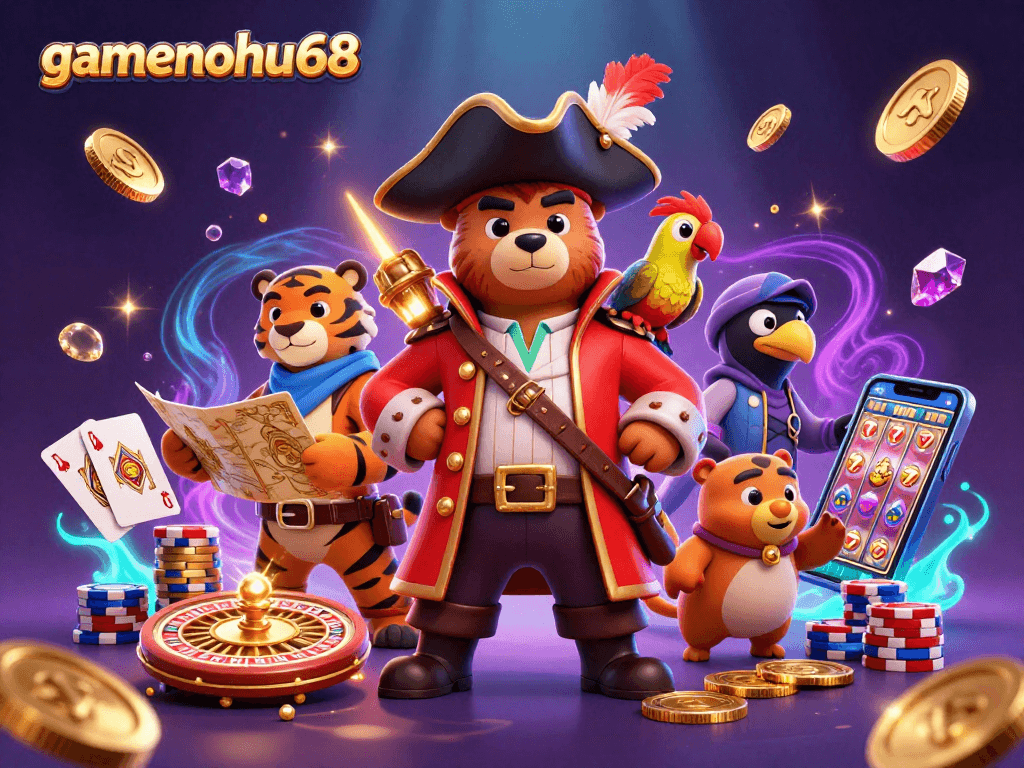Experience thrilling gaming with gamenohu68, as cartoon characters play poker amid radiant golden treasures.