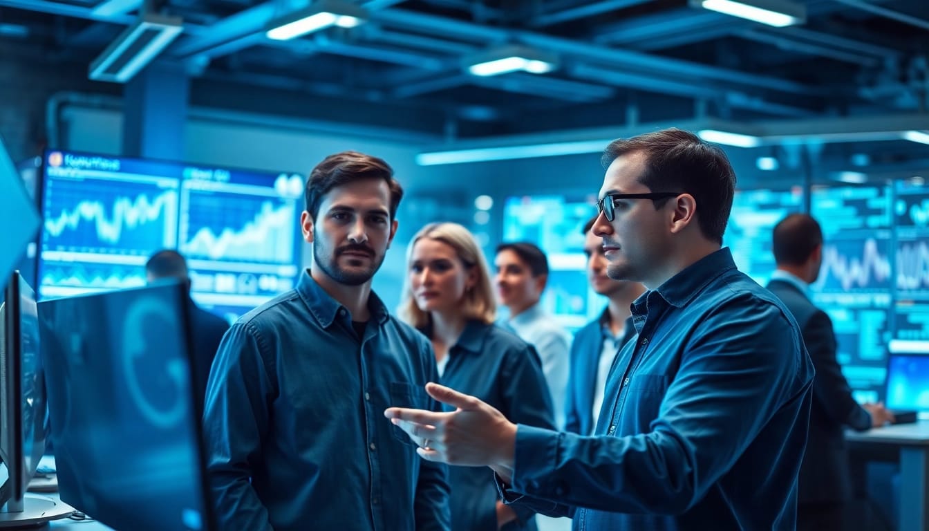 AI agents enhancing teamwork in a high-tech workspace with dynamic interactions.