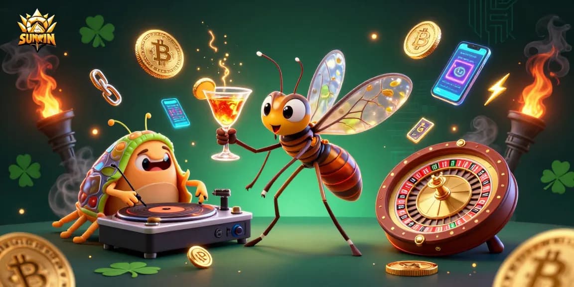 SUNWIN casino mascot with frozen mosquito holding golden cocktail amidst vibrant digital casino elements