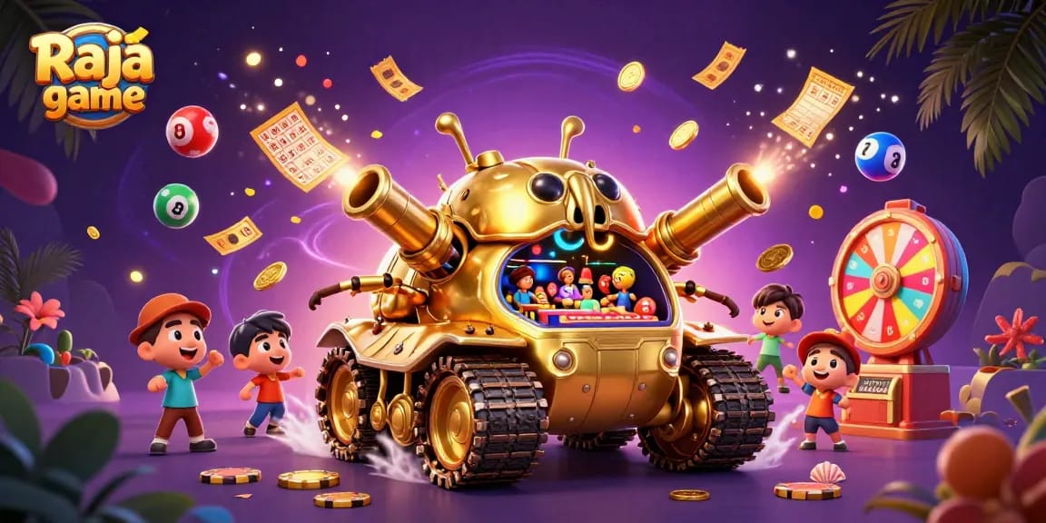 Experience winning moments with Raja game in this vibrant 3D casino illustration filled with thrilling elements.