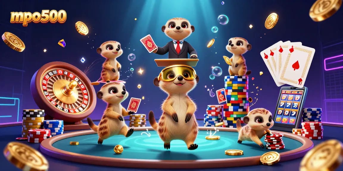 Experience thrilling gameplay at mpo500 with meerkats managing a vibrant casino scene, showcasing excitement.