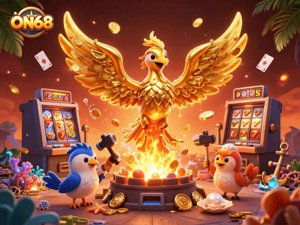 Experience exciting gameplay at ON68 with dynamic casino elements in a vibrant golden scene.