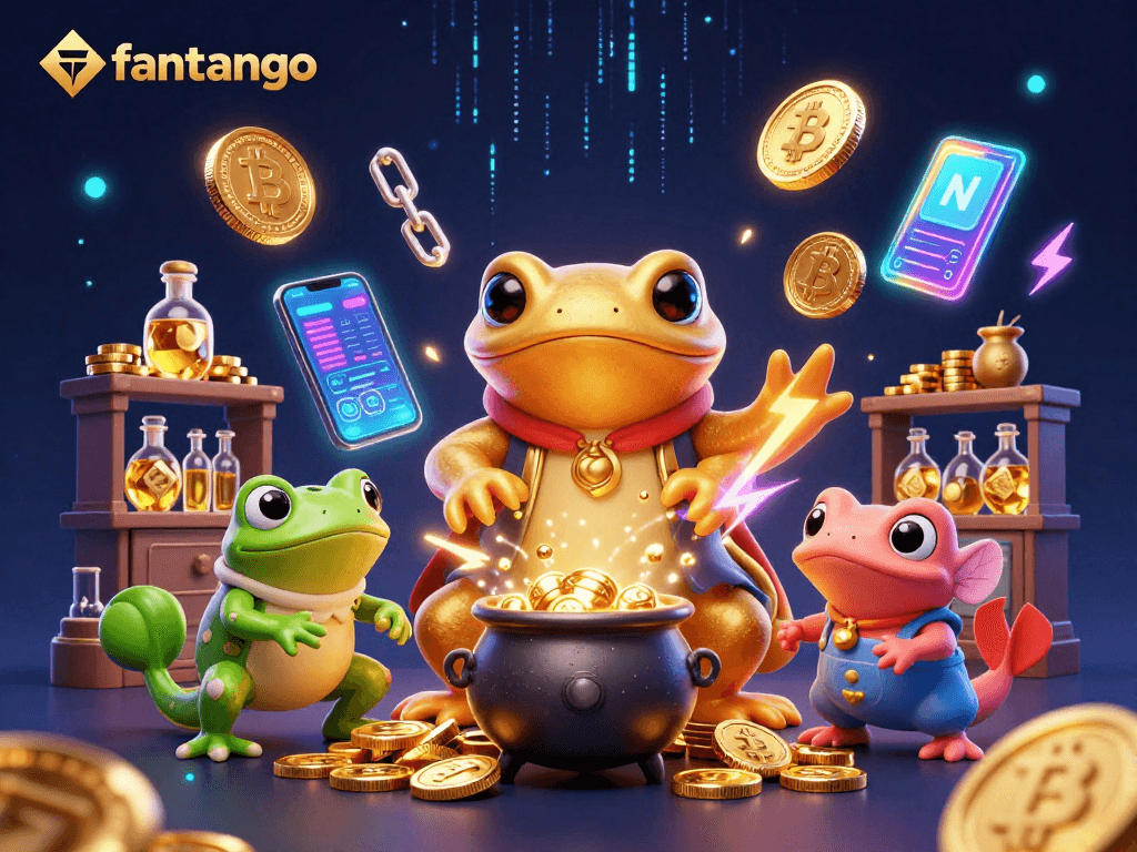 Play fantastically at fantango with exciting gold elements and crypto icons in a vibrant 3D scene.