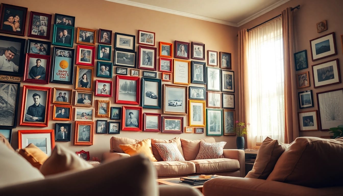 Engaging photo wall filled with memories in a cozy living room setting.