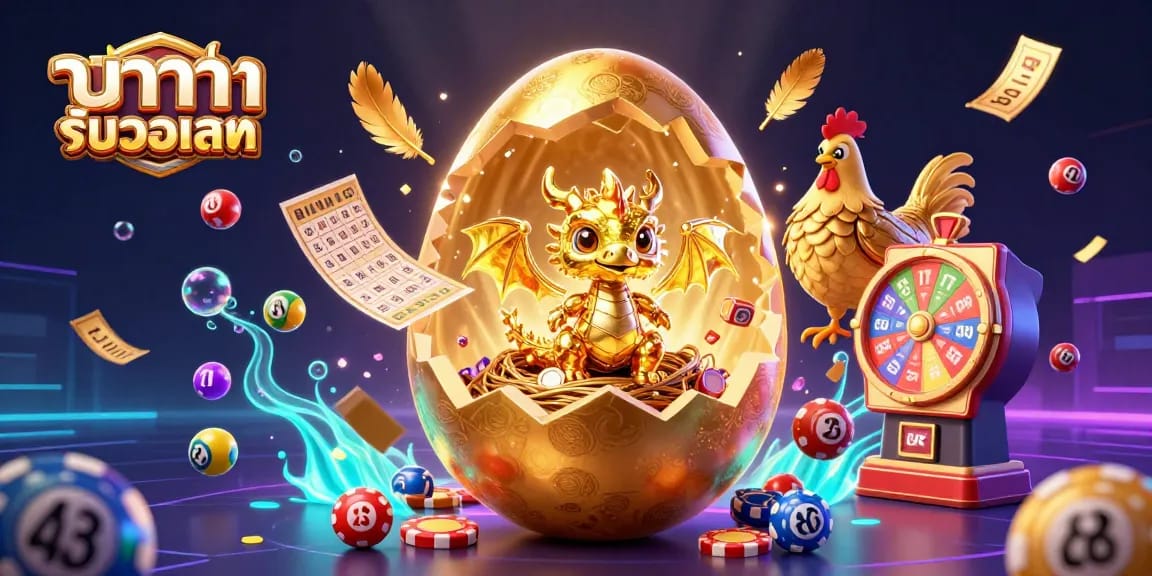 Experience the thrill of บาคาร่ารับวอเลท with a dynamic casino scene showcasing a golden egg, baby dragon, and colorful lottery elements.
