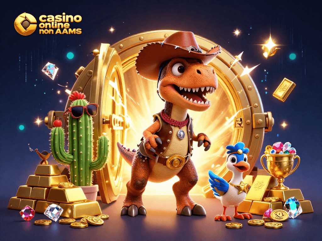 Gioca nei casino online non AAMS e scopri ricchezze d'oro e gemme preziose in un'illustrazione divertente.