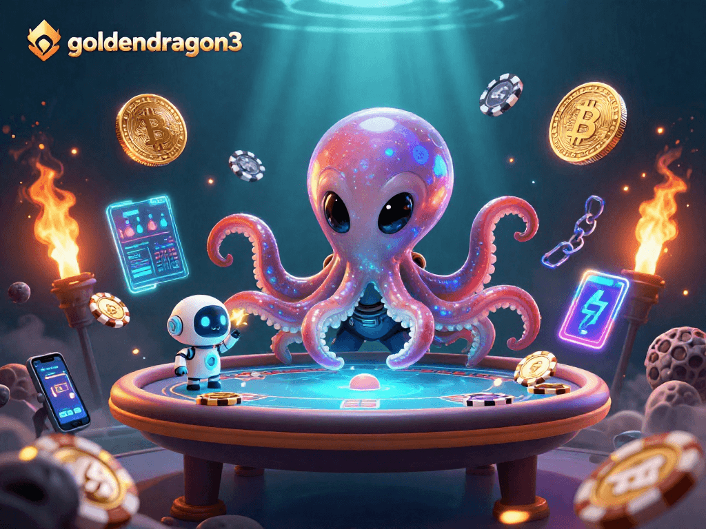 Engage with goldendragon3 in a cosmic poker scene with a vibrant alien theme and crypto elements.