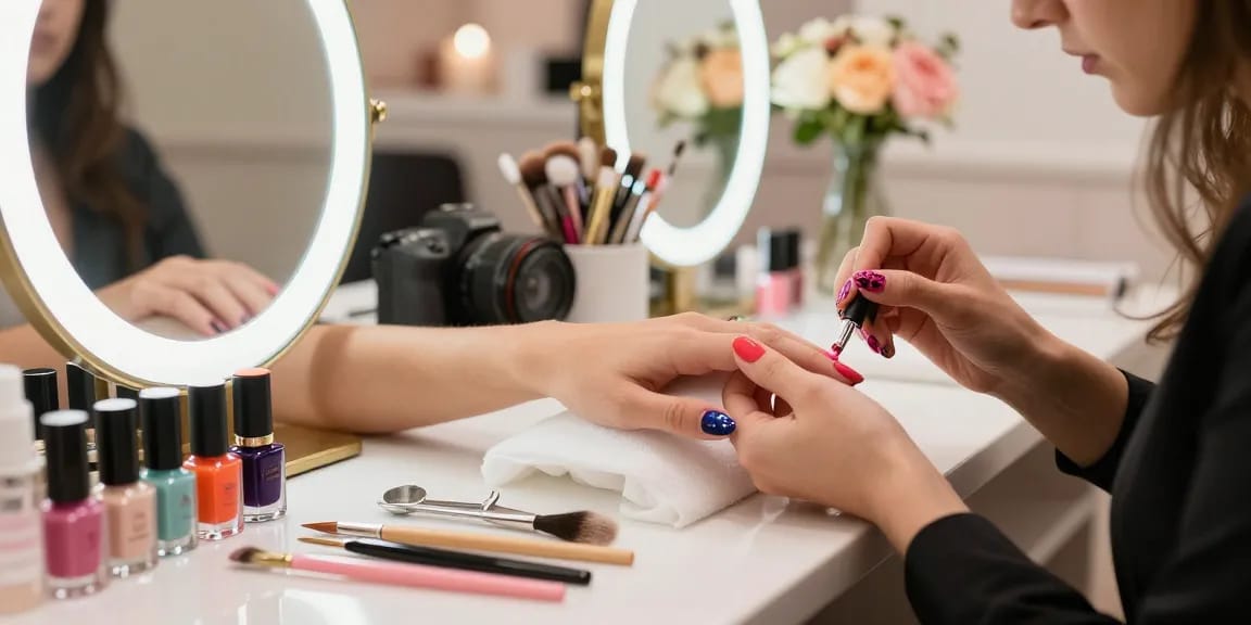 Proses perawatan kuku mewah LUXURY12 di salon dengan warna cat kuku yang cerah.