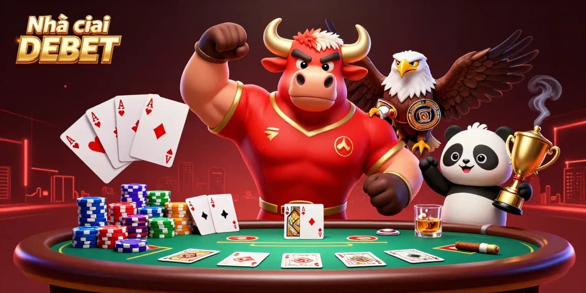 Experience the excitement with Nhà cái DEBET poker scene featuring vibrant casino elements and celebratory characters.