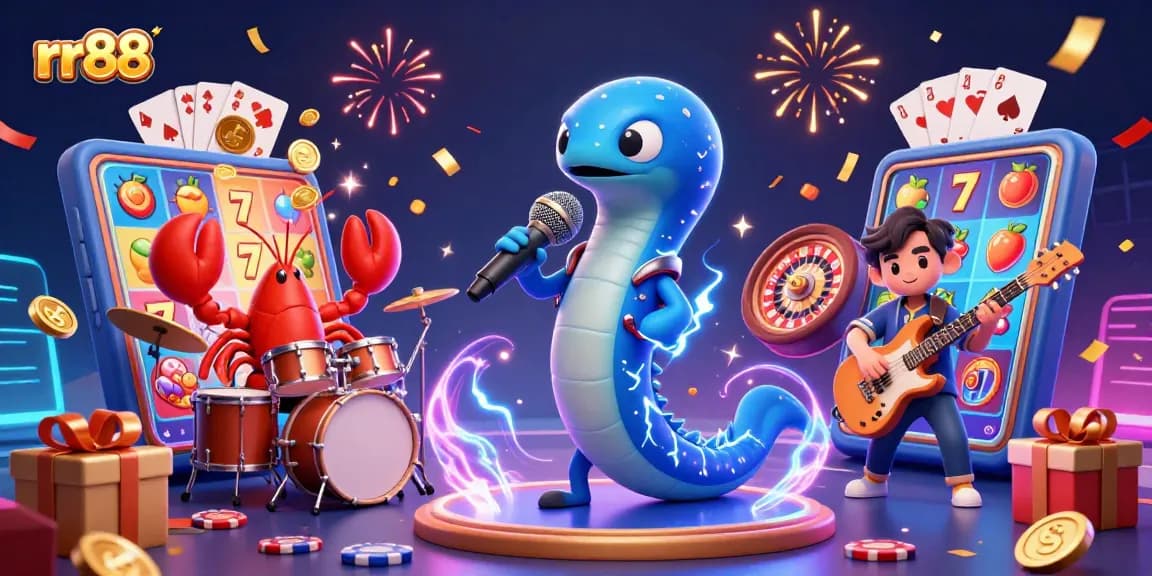 Experience rr88's thrilling underwater casino with a DJ electric eel and vibrant gambling elements.