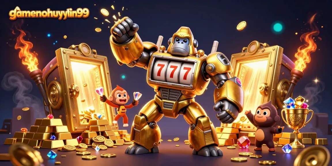 Experience exhilarating gaming with gamenohuuytin99; dynamic 3D illustration of a golden gorilla mech surrounded by treasure.