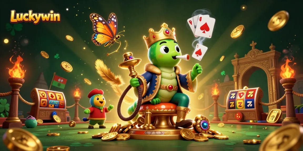 Experience Luckywin's vibrant gaming world with a whimsical caterpillar and thrilling casino elements.