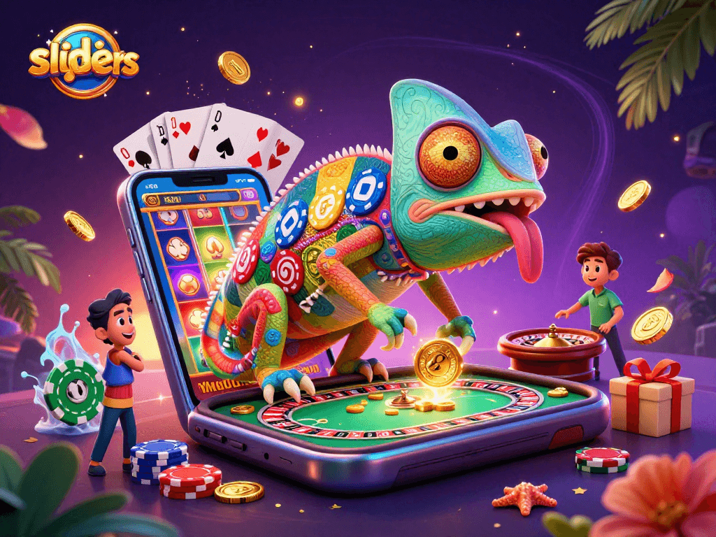 Engage with slidegamers as the colorful chameleon owner captures golden coins in a vibrant casino scene.