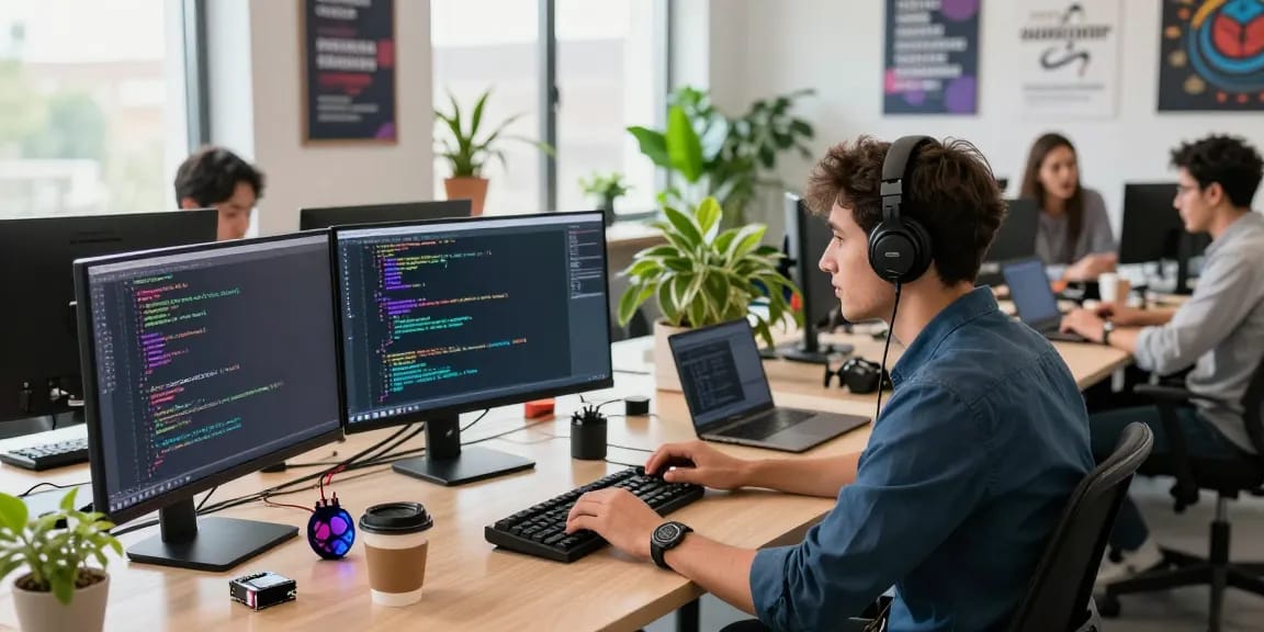 Developer coding at a tech workspace showcasing 456bd tools and collaboration.