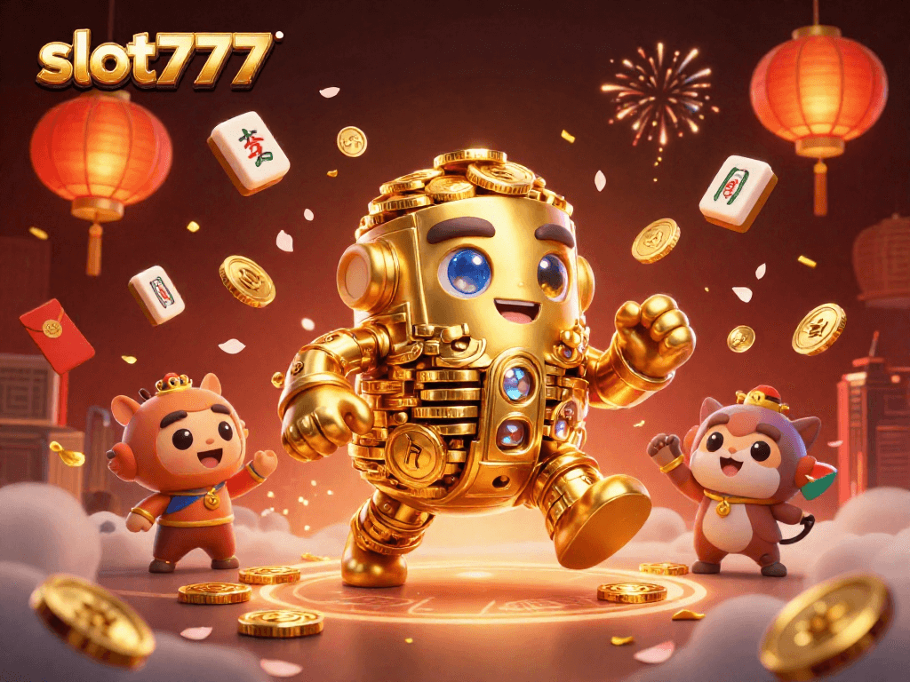 Spin the excitement with slot777 in a vibrant 3D casino scene featuring a golden golem and festive symbols!
