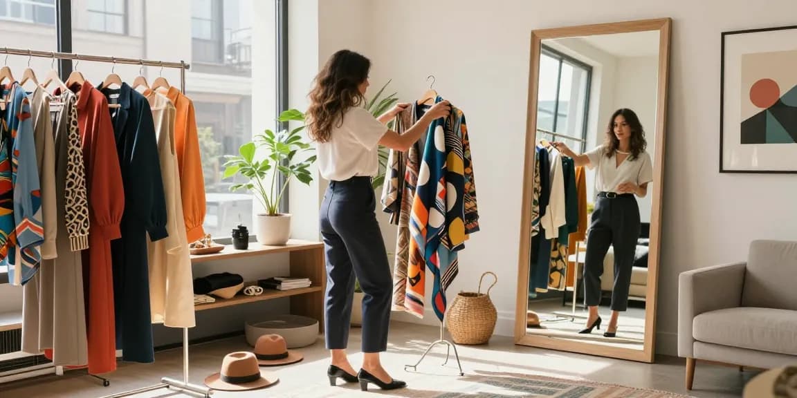 Consulenza d'immagine: donna elegante in ambiente urbano che esplora il suo guardaroba luminoso.