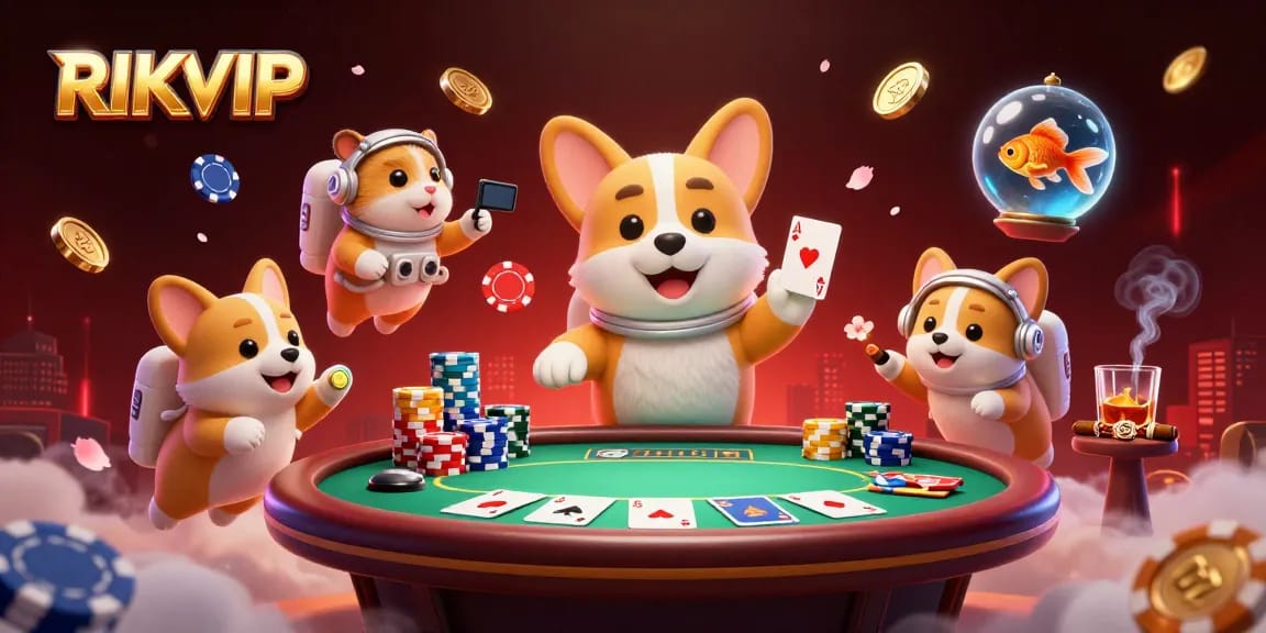 RIKVIP showcases a 3D cartoon astronaut corgi winning chips in a space station casino