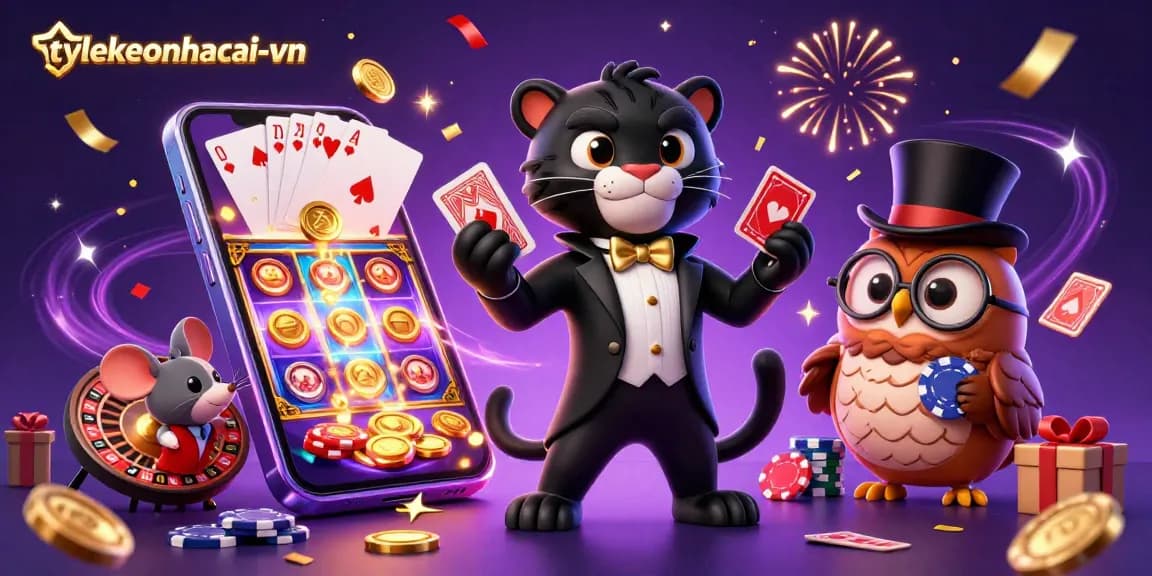 Experience the thrill of tylekeonhacai-vn with a stylish panther dealer in a 3D casino scene.
