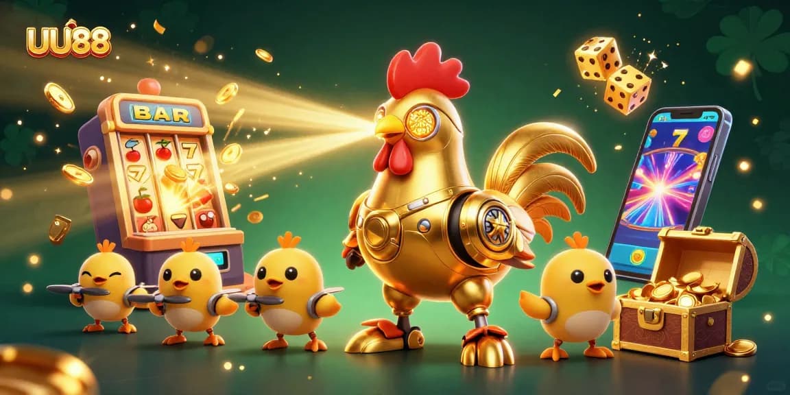 Experience the excitement of UU88's colorful casino world with a laser-shooting rooster robot.