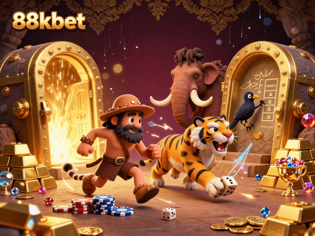 Engage with the dynamic 88kbet casino scene featuring cavemen, poker chips, and jewel-filled treasures.