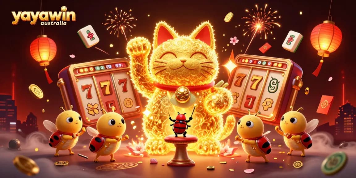 Win big at yayawin australia with an engaging illustration featuring a golden lucky cat and vibrant casino elements.