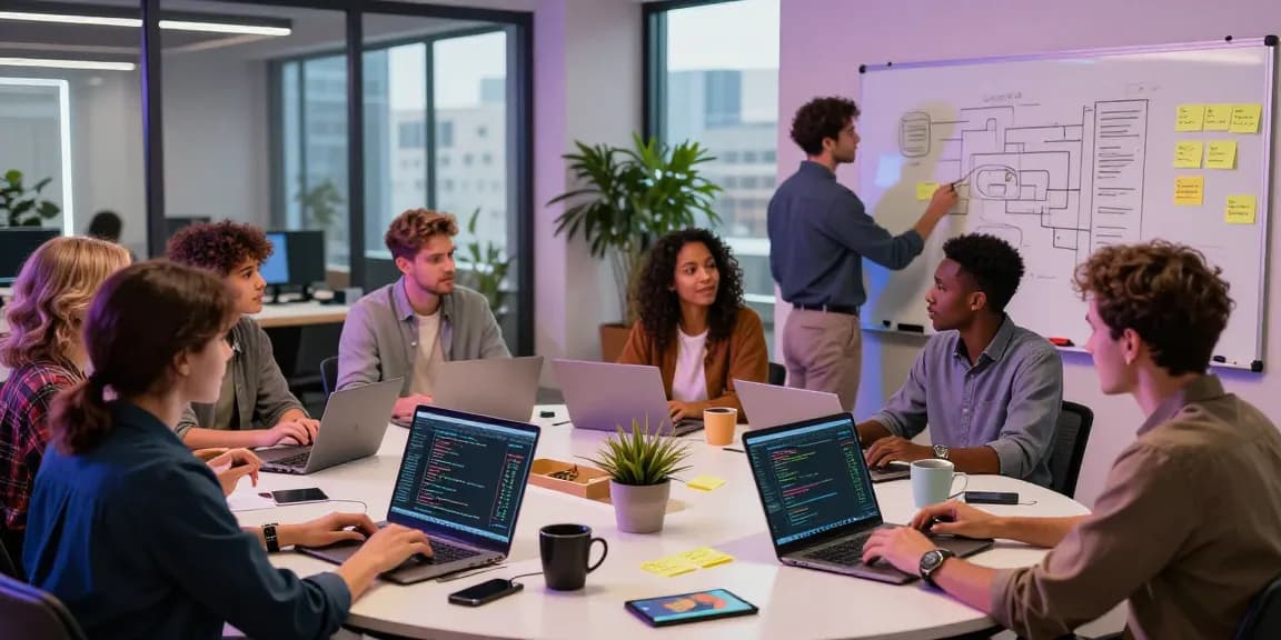 Build internal tools with AI in a collaborative tech workspace where diverse professionals share ideas.